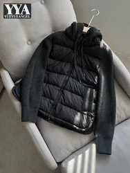 Fashion Spliced Knitted Long Sleeve Hooded Women Winter Down Coat Casual Short Jacket Zipper High Street Warm Outerwear Female