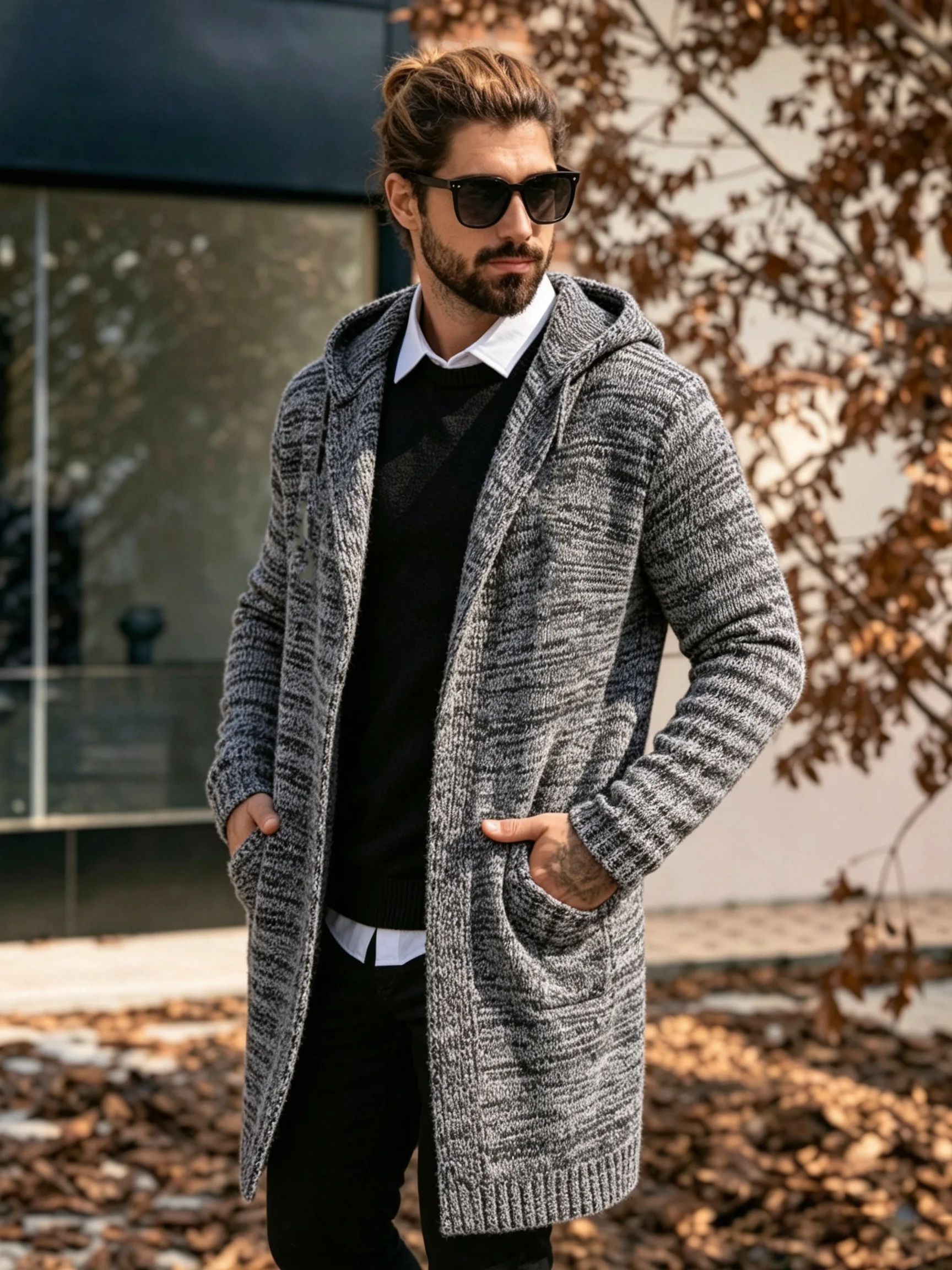 Herren Langer Kapuzen-Strickcardigan mit Offener Front, Pullover-Mantel mit Taschen, Lässiger Loser Langarm-Strickpullover für Herbst und Winter – Detail 6