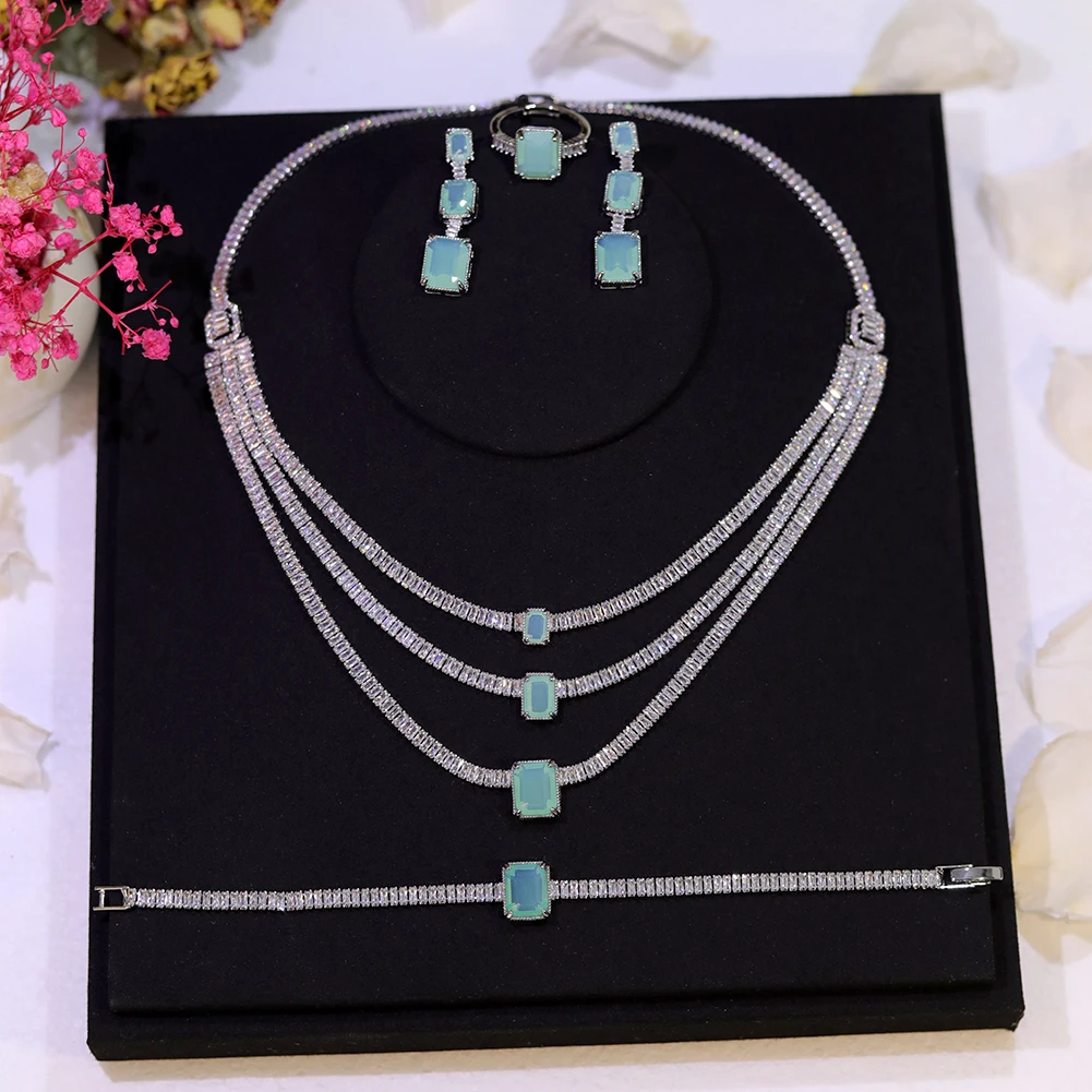 Sparkling Round Cubic Zirconia Multi Layer Chunky Wedding Crystal Necklace Earrings Luxury Jewelry Sets for Bride