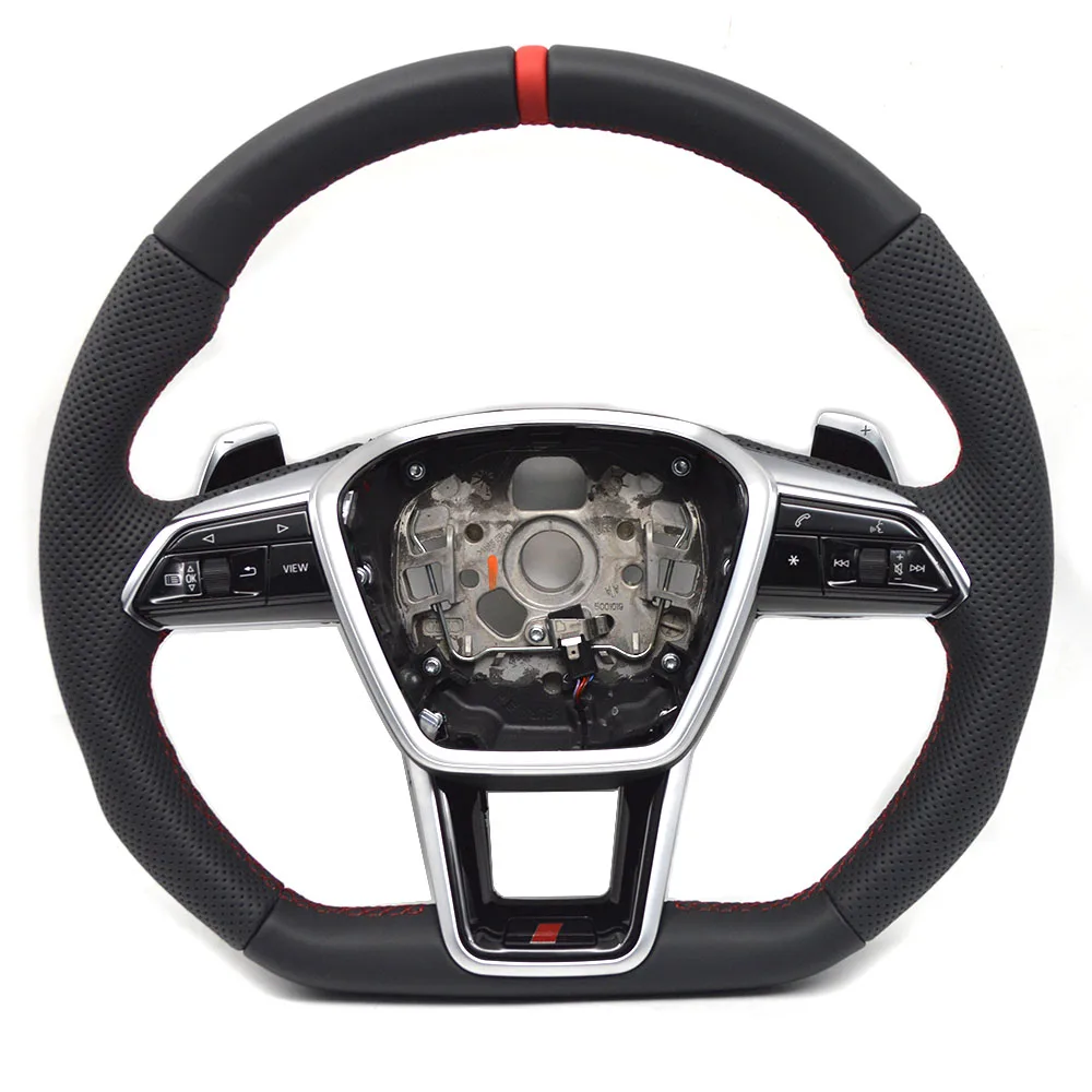 For Audi A6 C8 Punched Leather Red Stitching Red Lable Multifunction Steering Wheel With Key Button Assembly