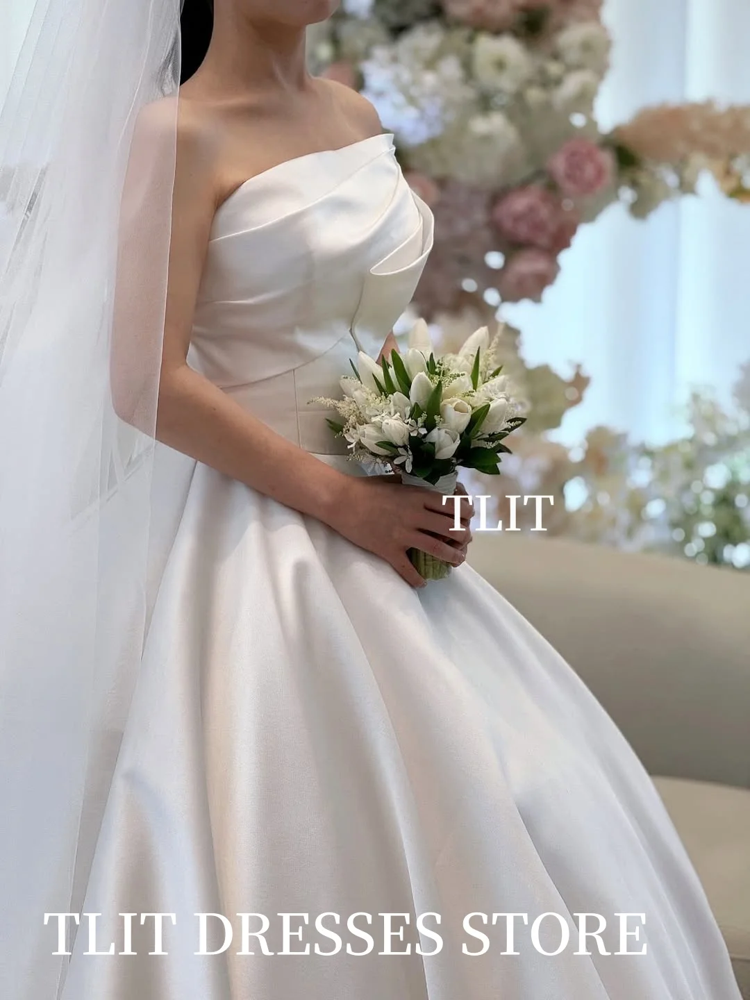 TLIT 우아한 화이트 실크 새틴 웨딩 드레스 스트랩리스 원숄더 신부 드레스 한국 웨딩 드레스 사진 촬영 맞춤 제작