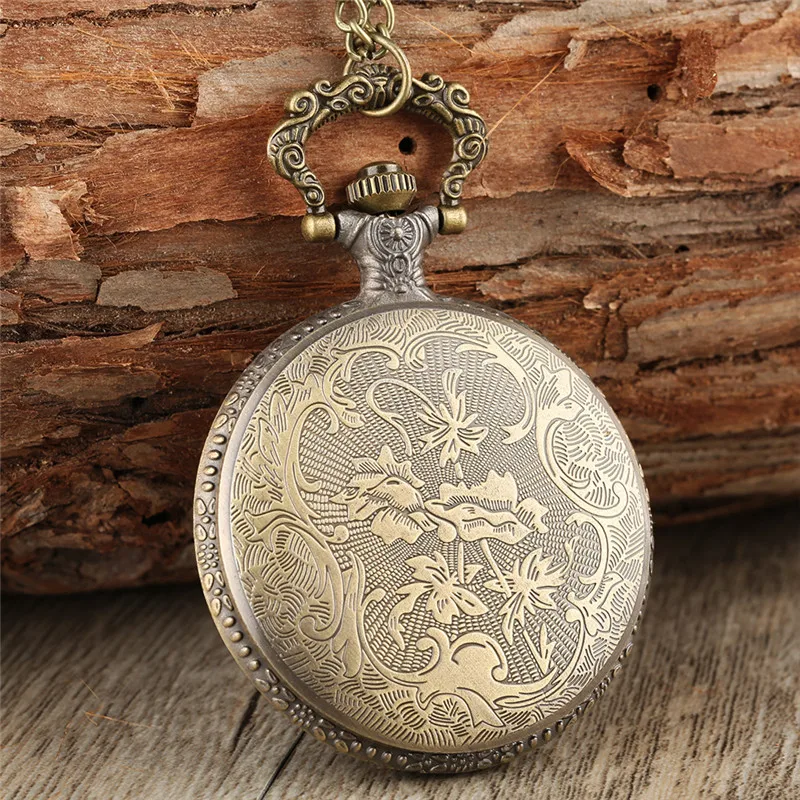 Bronze Solider Pattern Full Hunter Quartz Analog Pocket Watch for Men Women Necklace Sweater Chain Collectable Clock Reloj