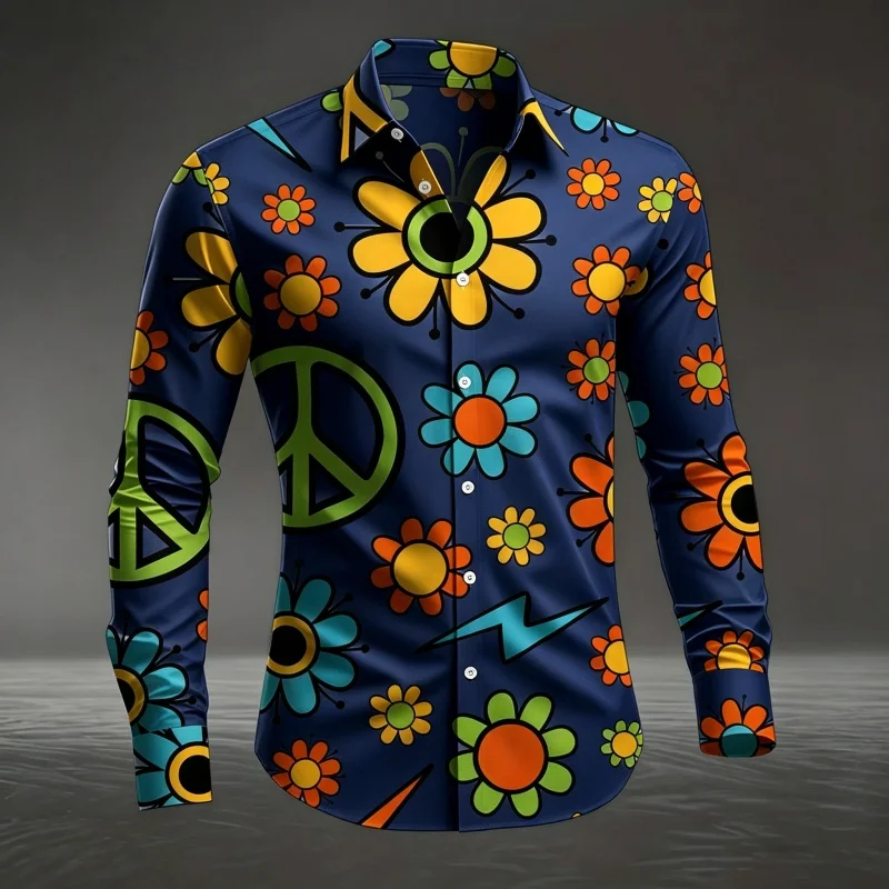 Heren wit hippie vredesteken bloemenprint overhemd met lange mouwen en knoopsluiting dagelijkse casual blouse tops