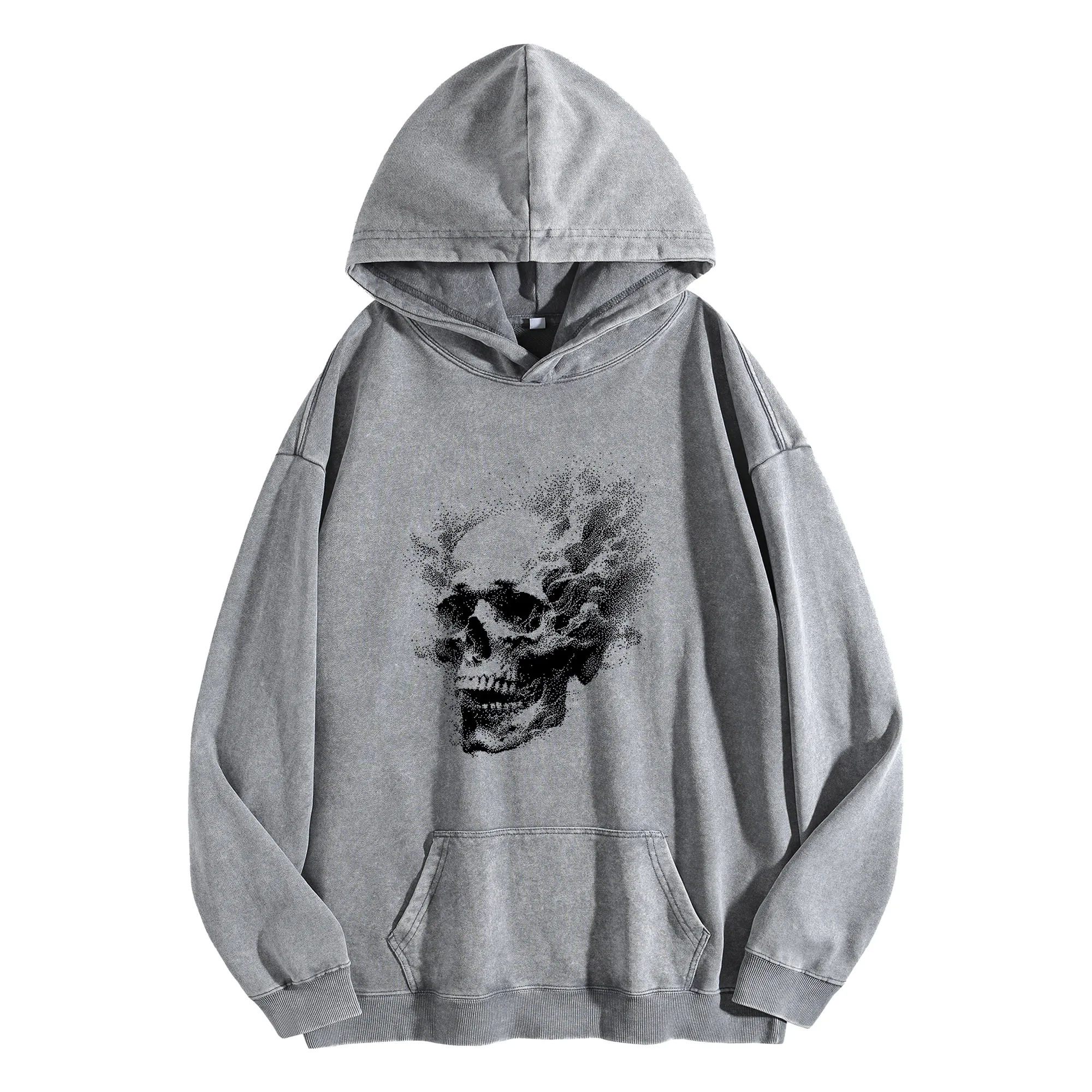 سترة بقلنسوة برسومات Demon Head Vintage مغسولة 400G للجنسين كبيرة الحجم لخريف/شتاء #1