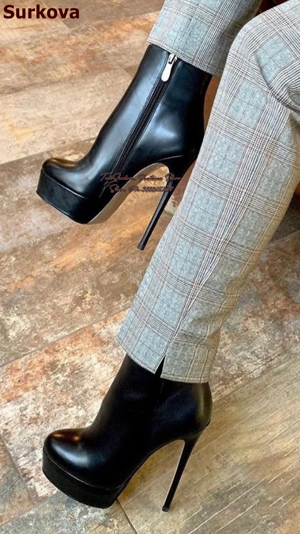 Surkova Red Black Matte Leather Ankle Boots Thin High Heel Platform Motorcycle Boots Zipped Fall Winter Dress Shoes Size46