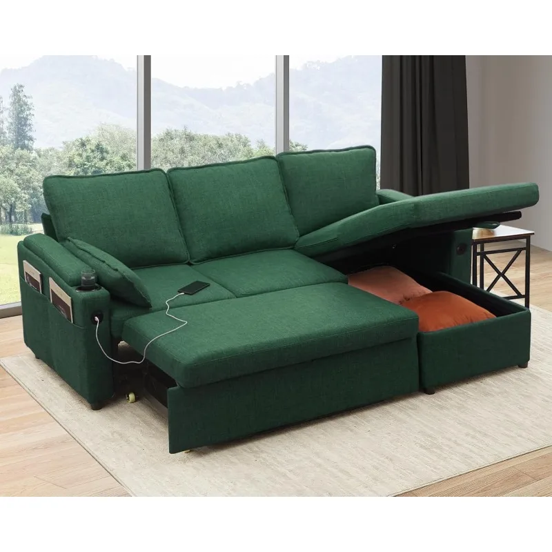 Sofa Bed Sleeper Pull Out 2 in 1 Sectional Sleeper Sofa Couches with Storage,USB, Cup Holder,Pullout Sectional Couches