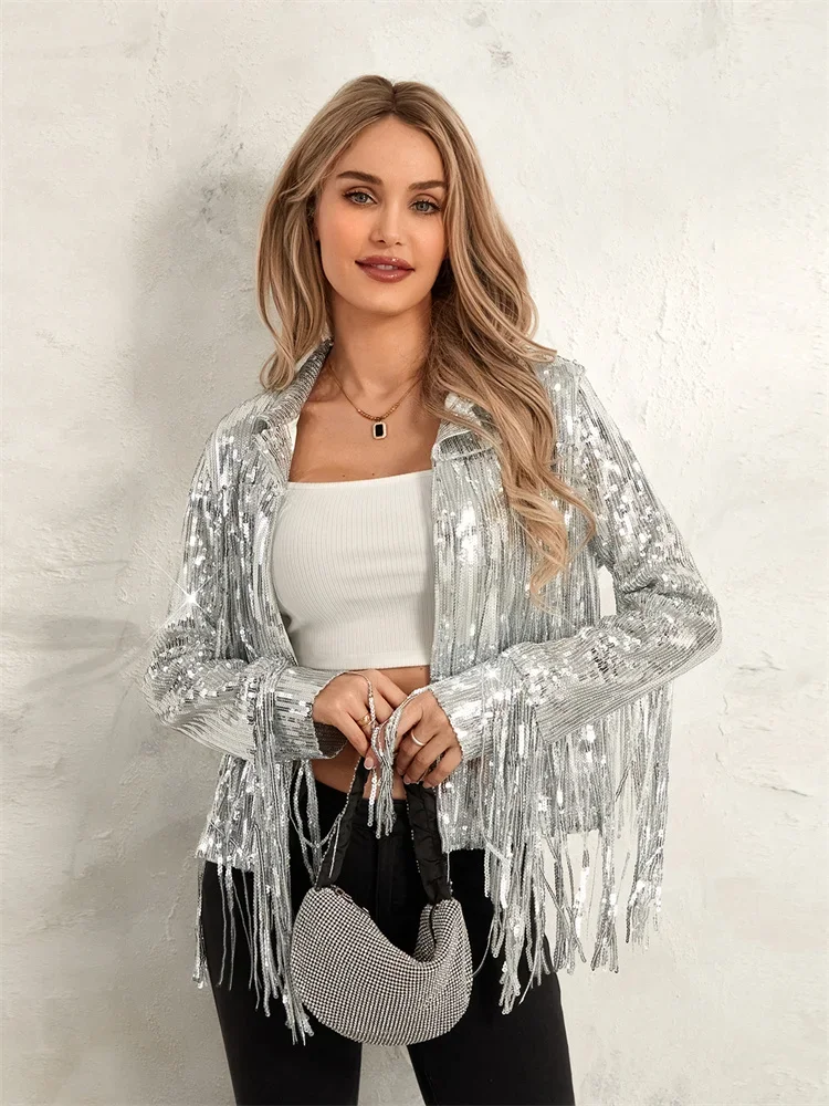 Women Sequin Jackets Fashion Tassel Sparkly Long Sleeve Lapel Open Front Coats Y2K Blazer Gothic Grunge Punk E Girl Outerwear