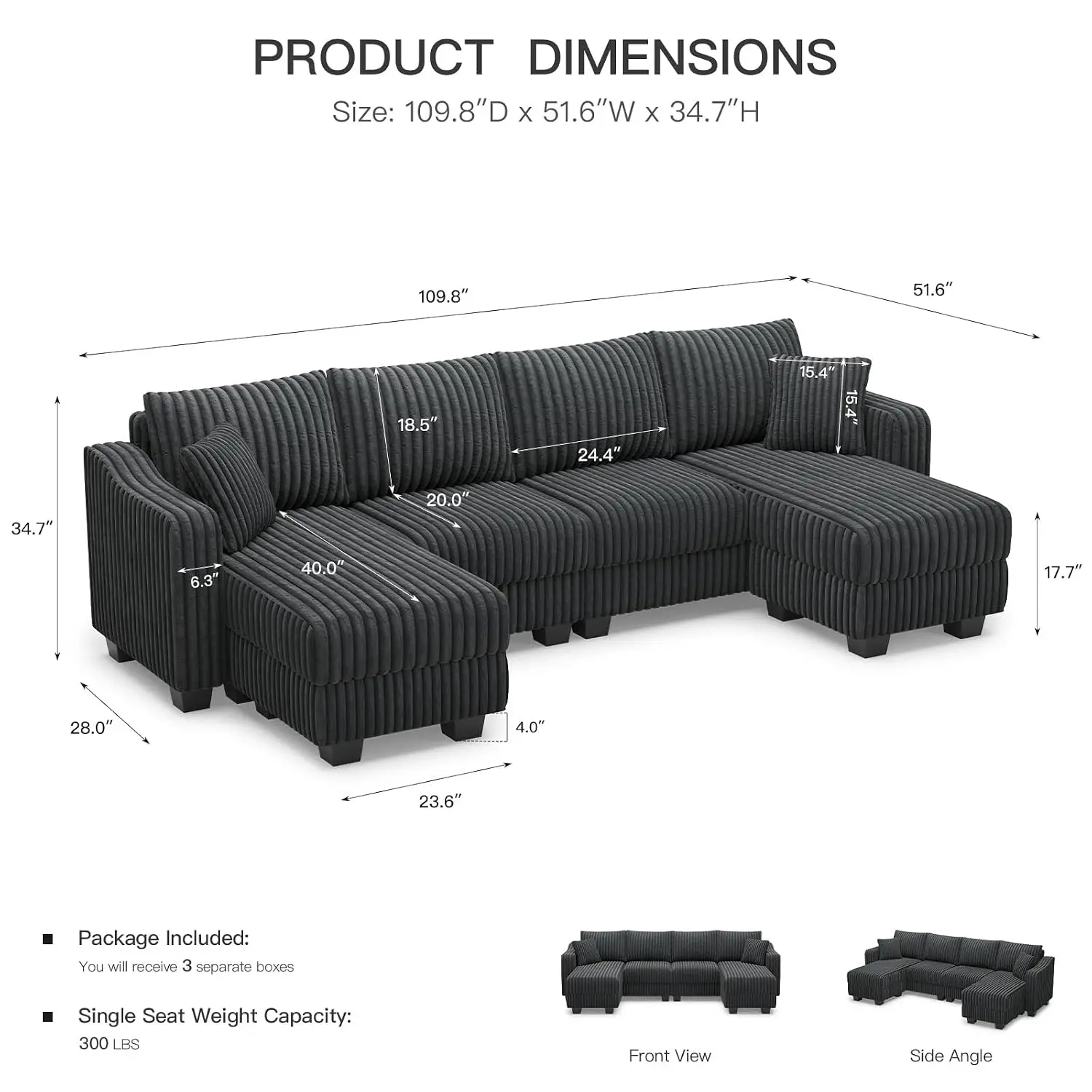 U Shaped Sectional Sofa With Reversible Chaises & Ottomans Corduroy For Living Room Dark Grey, Customized