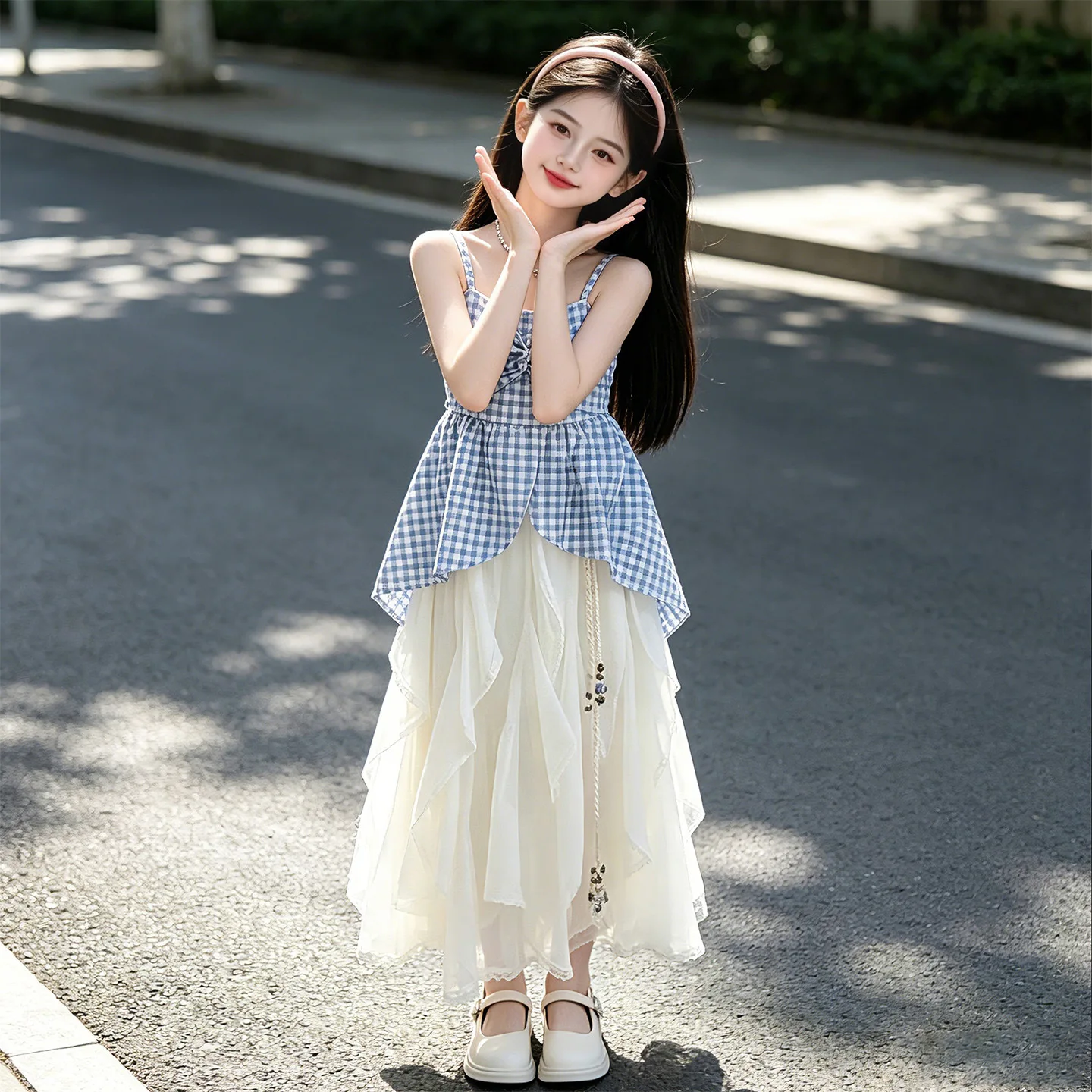 2026 Girls Korean Sweet Plaid Strapless Top Summer New Design Sense Lace Casual Suitable Skirt Two Piece Set