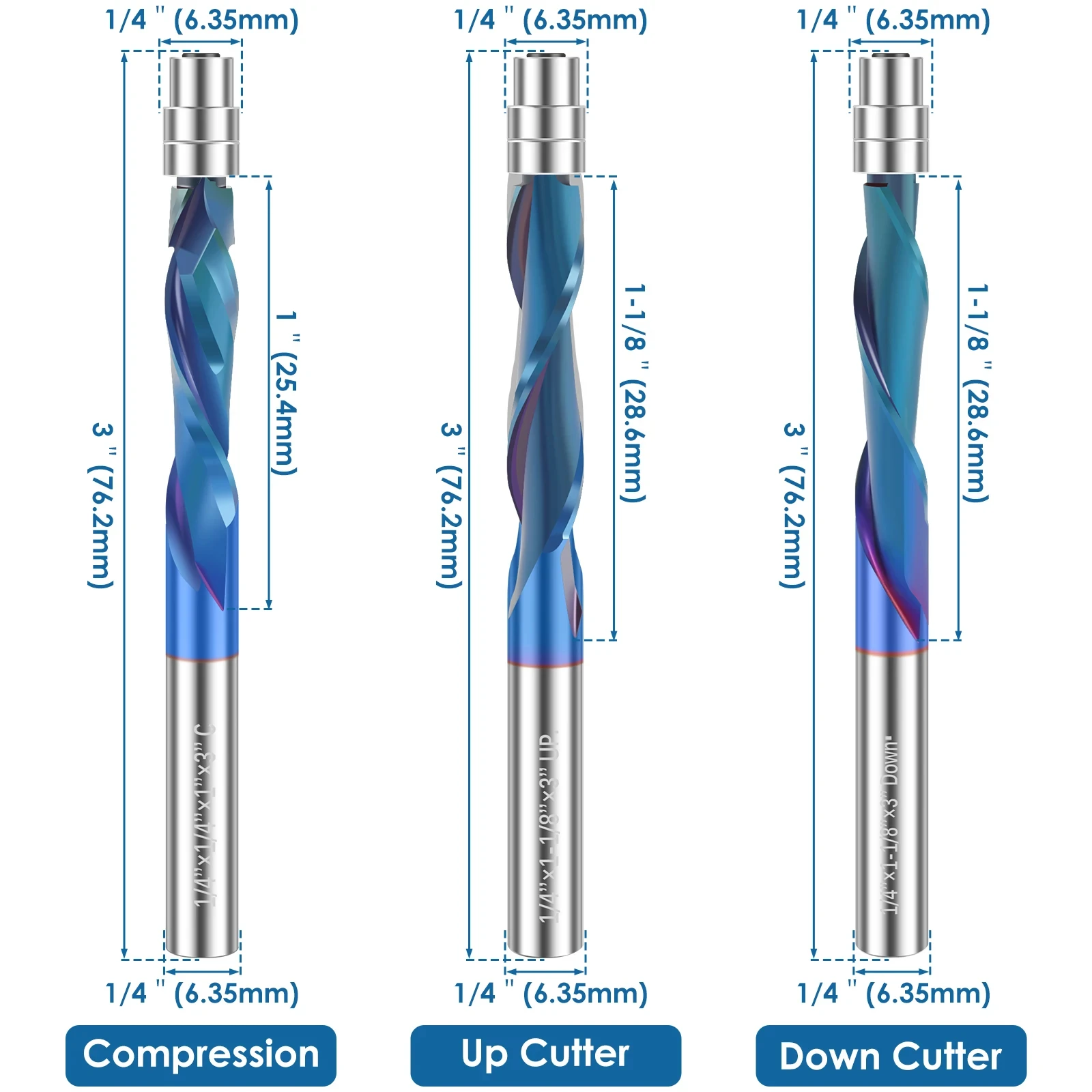 1/3Pcs Bearing Guided Milling 1/4 Inch Shank Carbide Cutters Spiral Flush Cutter Bit Up Down Compression Router Bit Woodworking