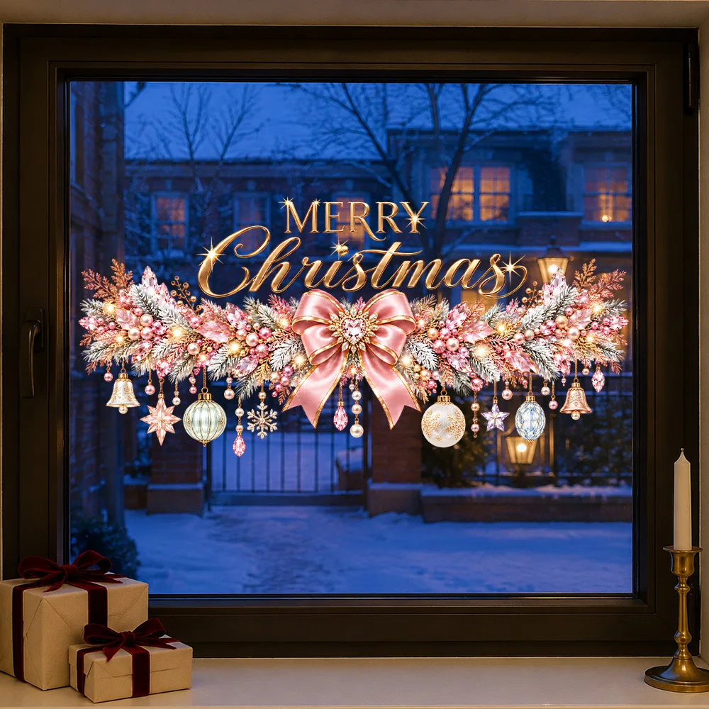 Merry Christmas Garland Window Static Sticker,Xmas Bow Ball Glass Decal,Removable Reusable Home Shop Window Decor Natal Ornament
