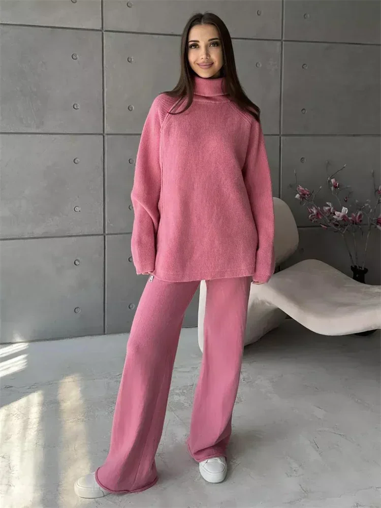 

Knit Zipper Women's Pants Sets For Women Slim Lapel Long Sleeve Pullover And Patchwork Straight Legg 2 Piece-Set Winter