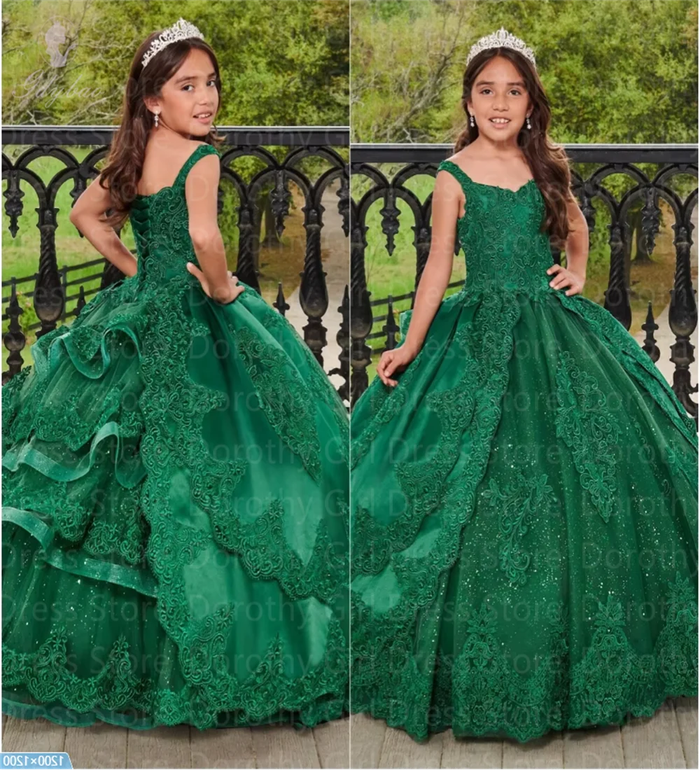 Flower Girl Dresses Dark Green for Wedding Lace Ruffles Floor Length Elegance Birthday Ball First Holy Communion Gowns