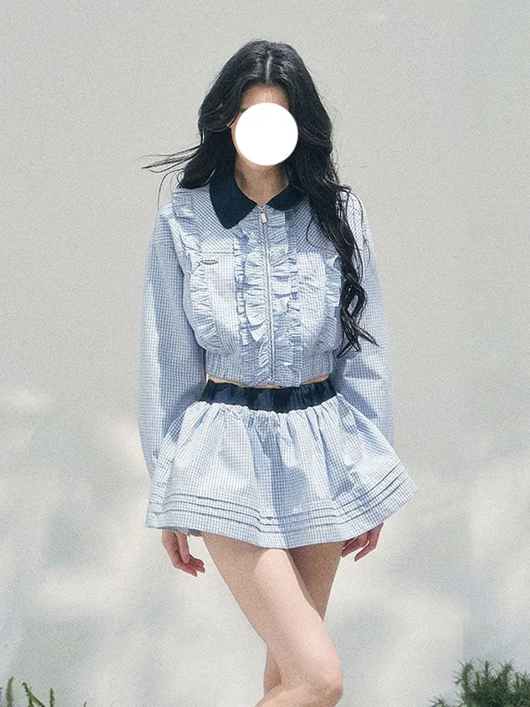 

Fashionable British Style Plaid Long Sleeve Top And Puffy Skirt Set Early Spring High Waist Polyester Fiber Spring Season