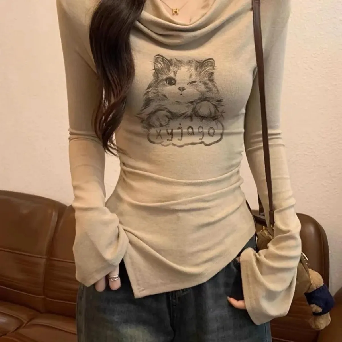 

Japanese Sweet Tees Cat Embroidery Half Turtleneck Long Sleeve T-shirt Y2k Top Women Clothing Fleece Bottom Shirt Warm Underwear