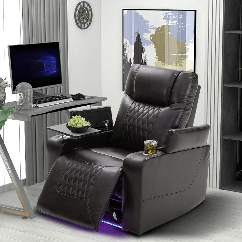 Silla reclinable eléctrica con puerto de carga USB, mesa con bandeja giratoria 360, almacenamiento en el brazo y portavasos, iluminación ambiental para juegos