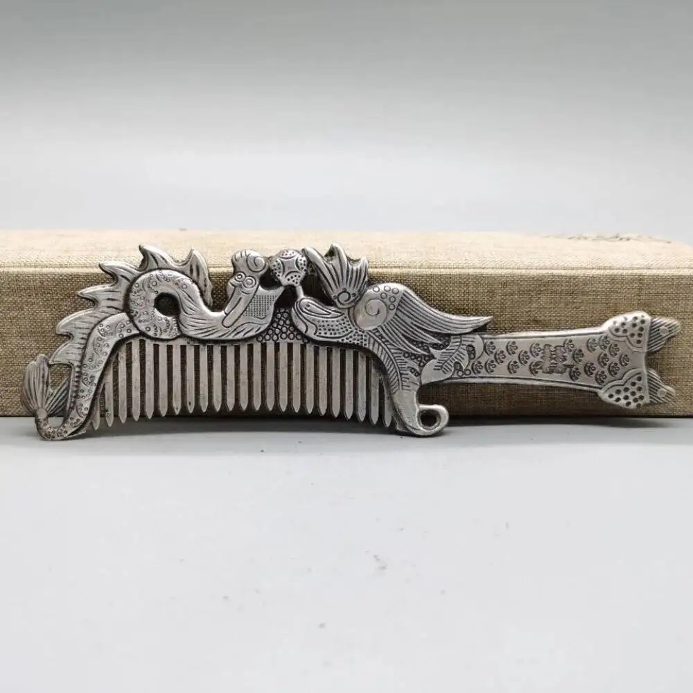 Old Chinese Tibet Silver Handcarved Dragon Phoenix Comb Statue A107