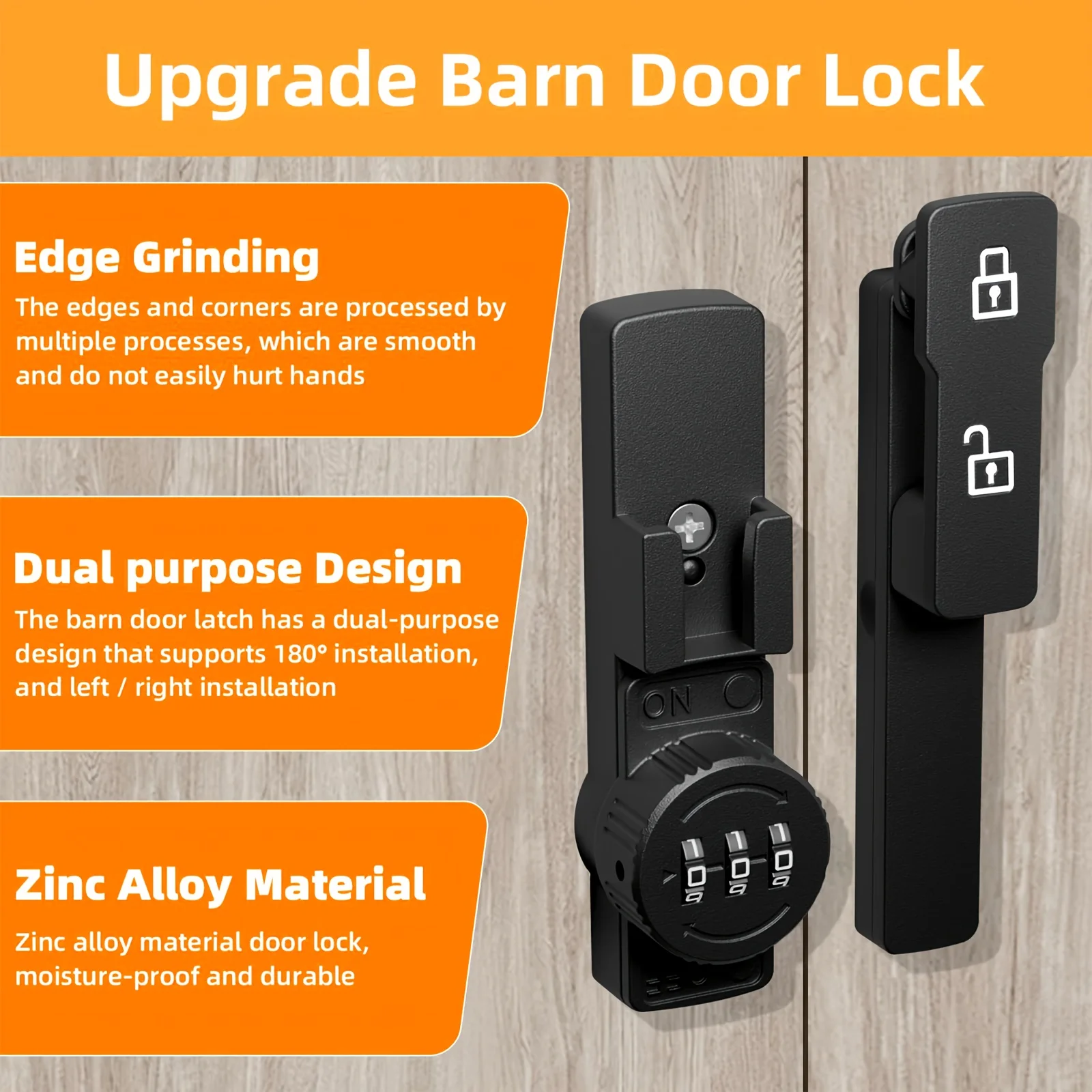Password Door Lock and Deadbolt, 180 Degree Sliding French Barn Door Lock with 3 Digit Combination Lock, Keyless Cabinet view 6