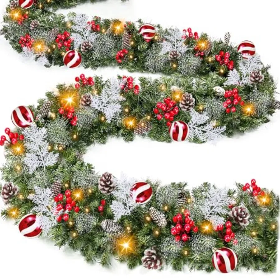 

Новогодняя гирлянда 2,7 м с 3 смешанными реалистичными ветвями, 50 теплых белых лампочек, 270 веток, кедровыми ветками и красными ягодами-шишками