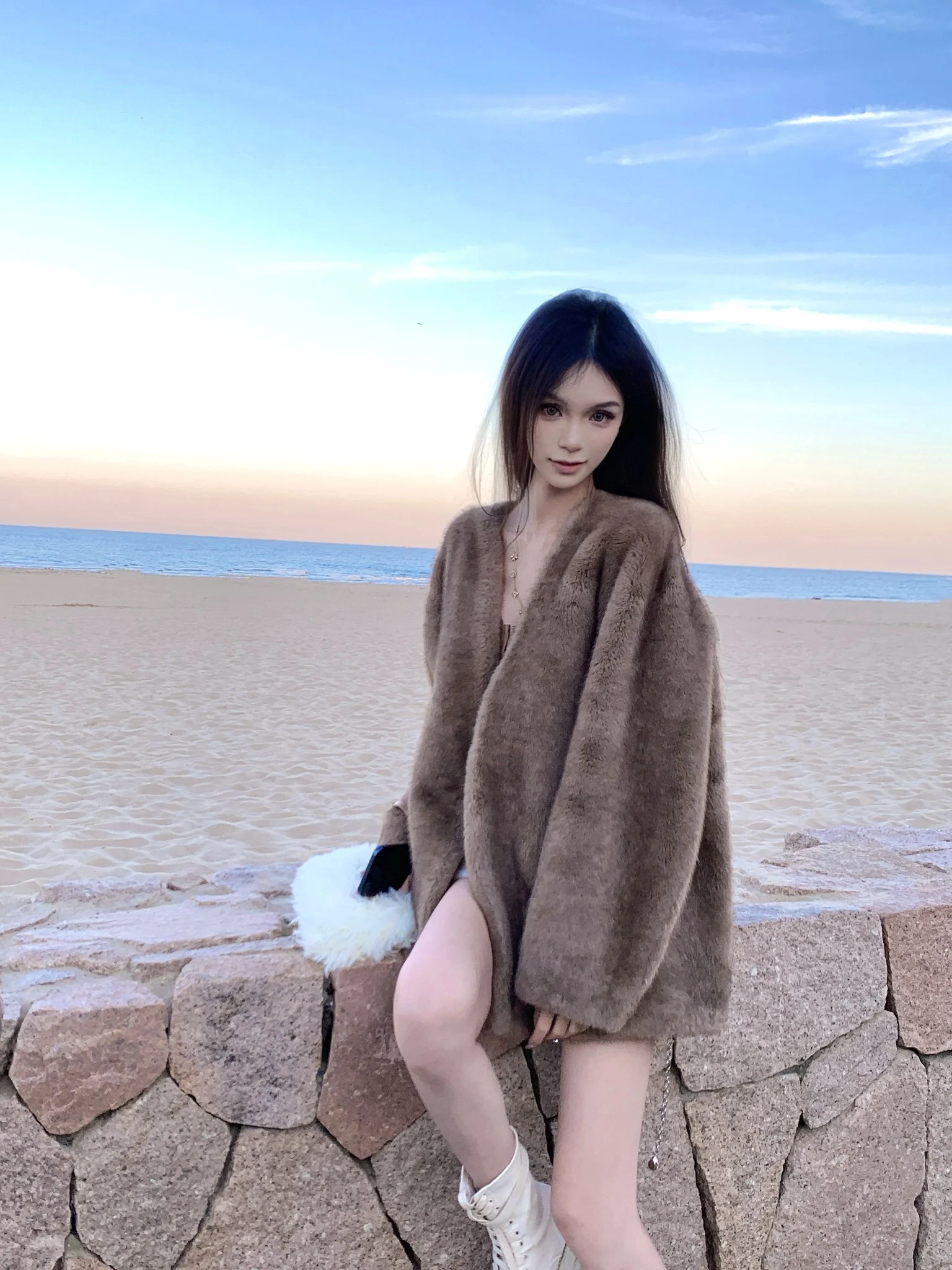 

Eco-Friendly Fur Inteated High-End Outerwear Women's Sweet Simp Pie Hokkaido Love S Ultra-Warmth V-Ne Long Sve