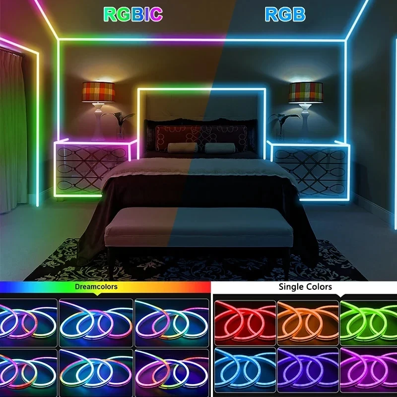 Bluetooth Neon LED Strip Lights 5V Waterproof RGBIC Neon Rope Lights with Music Sync Dreamcolor Chasing Strip Tape for Room