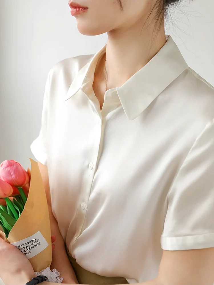 SuyaDream, Woman Solid Shirts, 95%Silk 5%Spandex, Short Sleeved, White Chic Blouses, 2025 Spring Summer Top, Navy, Black