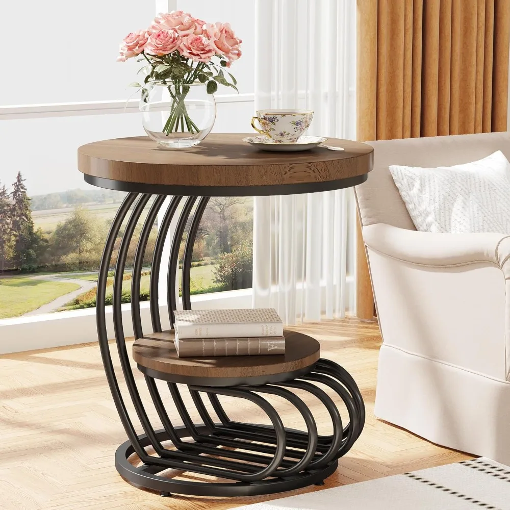

Round End Side Table: Side Table with 2 Tiers Storage Shelves, Vintage End Table for Living Room, Small Bedside Table Accent