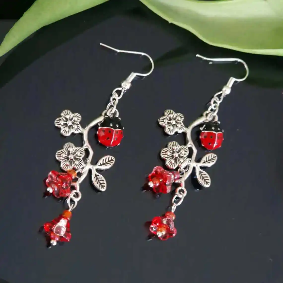 Ladybug Flower Earrings, Vintage Jewelry, 3D Red Flowers, Bohemian Accessories, Insects, Ear Hook For Women