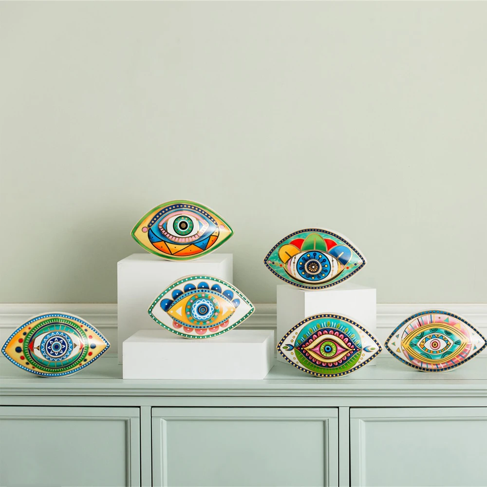 

Luxury Large Size Northern European Creative Oval Lovely Colorful Big Eyes Demon Eyes Ceramic Home Desk Ornament Arts Decoration