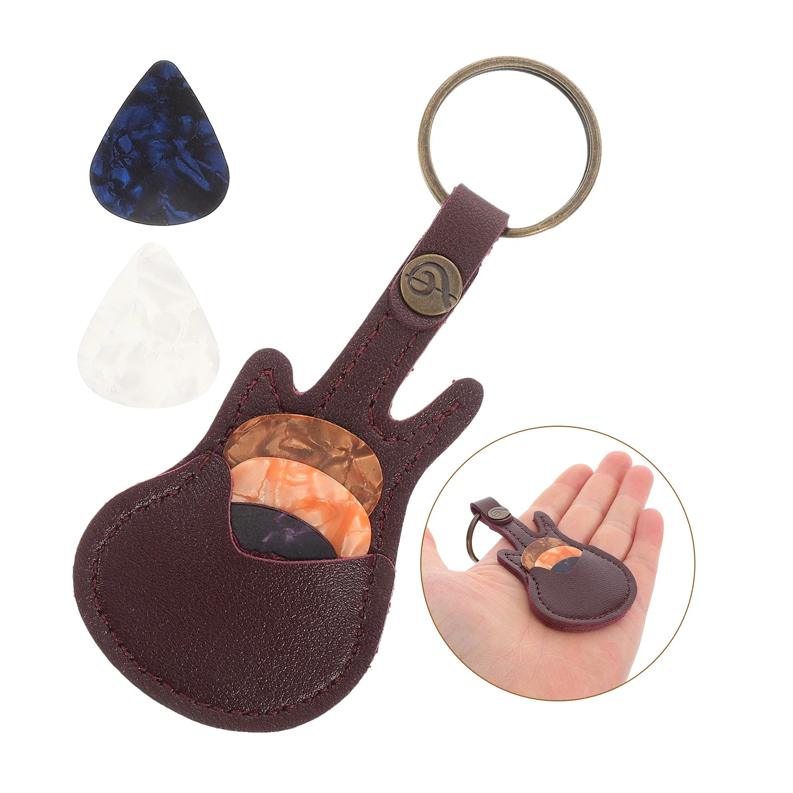 

Copper PU Guitar Pick Holder Keychain Set Portable Plectrum Case Storage Small Picks for Ukulele Plectrum Case