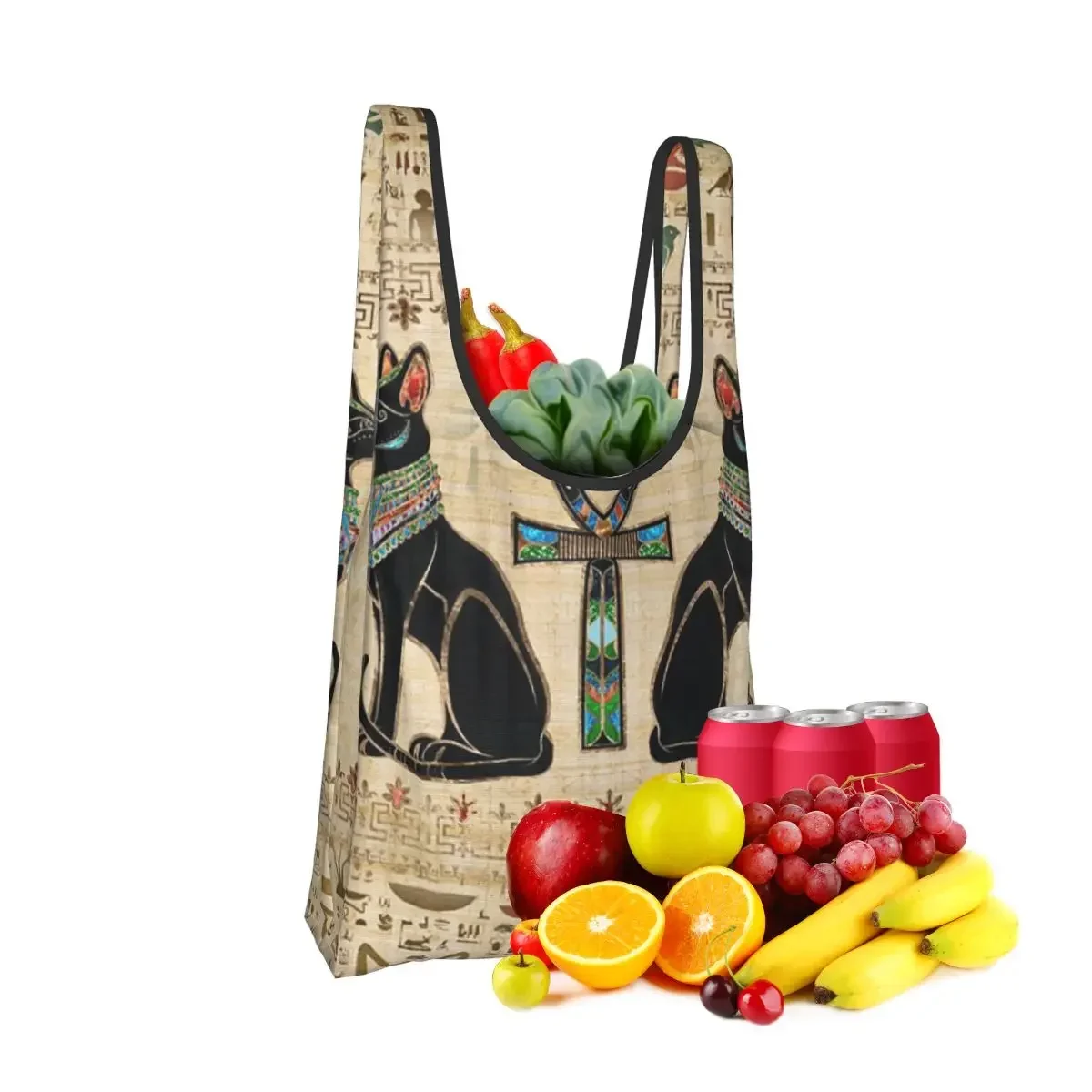 Egyptian Cats And Ankh Cross Shopping Bag Portable Tote Bags Foldable Shoulder Shopper Bag Groceries Handbag