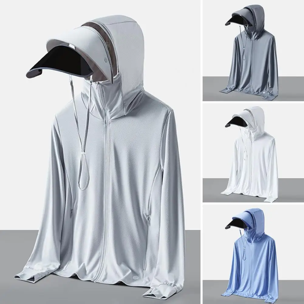 

Men Sun Protection Clothing Hooded Removable Brim Long Sleeve Breathable Mesh Coat with Side Pockets Anti-UV Outwear