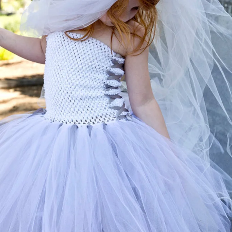 Halloween Girls Bride Tutu Dress With White Tulle Party Dress Children Stage Performance Gown Toddler Halloween Gathering Outfit