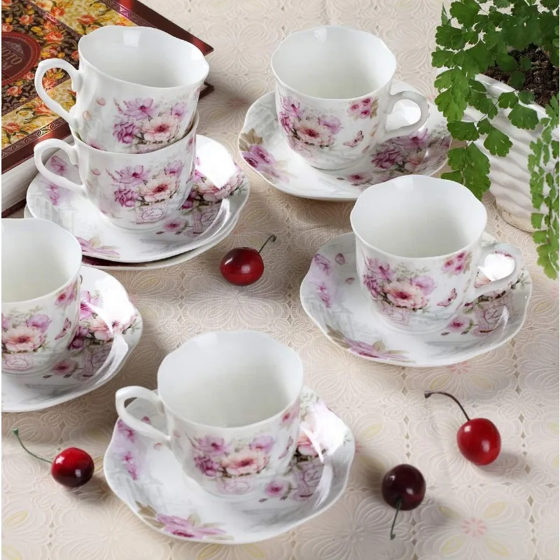 Imagem -06 - Xícaras de Chá e Pires China Conjunto para Adultos Floral Porcelana Teacup com Pires Roxo Dom Conjuntos Onça 200ml