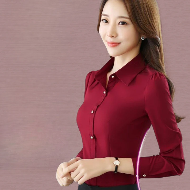 Red Women\'s Shirt Long Sleeve Blouse Autumn Women Shirts and Blouses Korean Fashion Slim Business Dress Shirt Women\'s Work Shirt