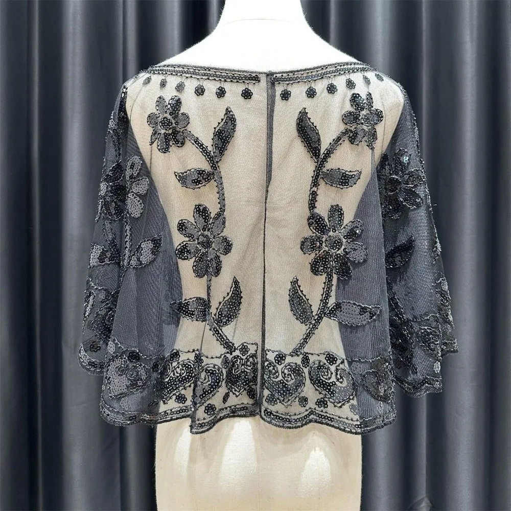 

Ретро 1920-е годы шаль на плечо дышащая ткань с цветочным принтом и блестками пальто с капюшоном короткая длина сверкающая вечерние шаль женская