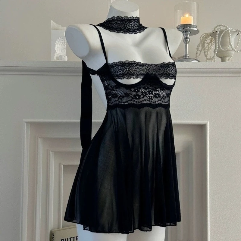 

Sexy Lace Babydoll Nightie | Sheer Hollow Out Underwire Push Up Lingerie Set with See-Through Mesh, No Need to Remove