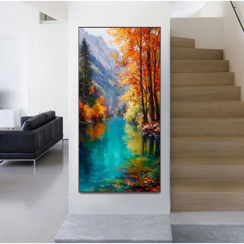 Autumn Landscape Oil Painting Lake Scene Yellow Blue Green Tones Magnificent Autumn Stream Natural Symphony Modern Wall Poster