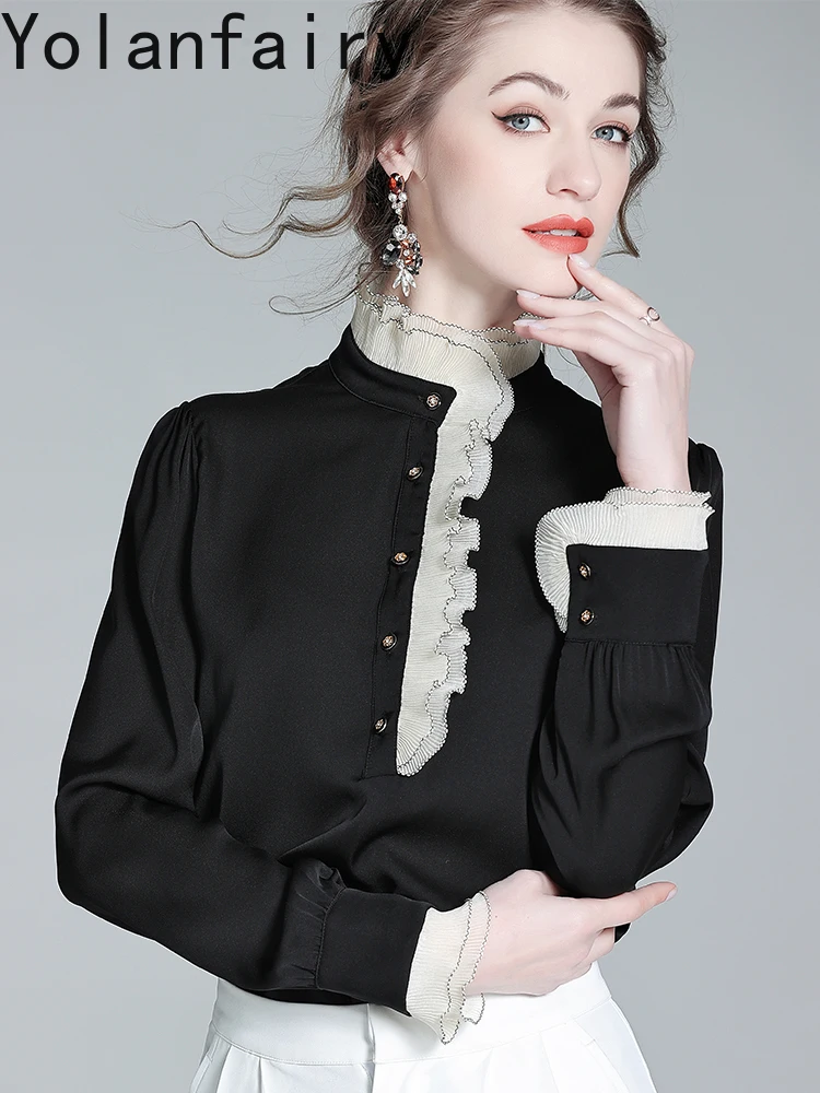 YOLANFAIRY 95% chemisiers en soie de mûrier véritable pour femme automne élégant chemises à manches longues femme Chic haut noir chemisier de Style coréen