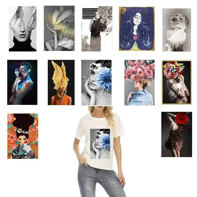 Color Ink Flowers Feather Girl Art Poster Printing DIY T-shirt Sweater Canvas Bag Decoration Iron On Heat Transfer Patch
