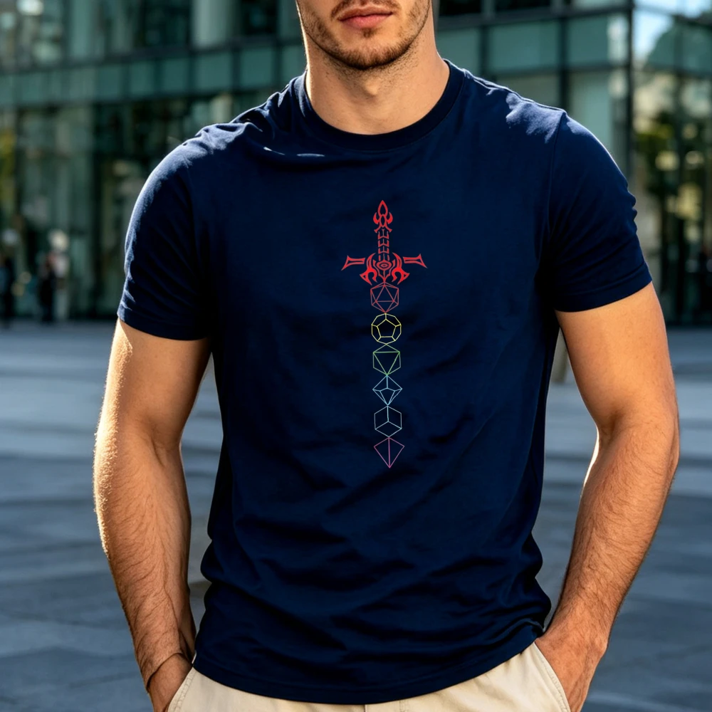 DND Polyhedral Dice Sword Rainbow Graphic Tshirt RPG Tabletop Game Tees Fantasy Sword Print Short Sleeve Casual Tops Gamer Gift