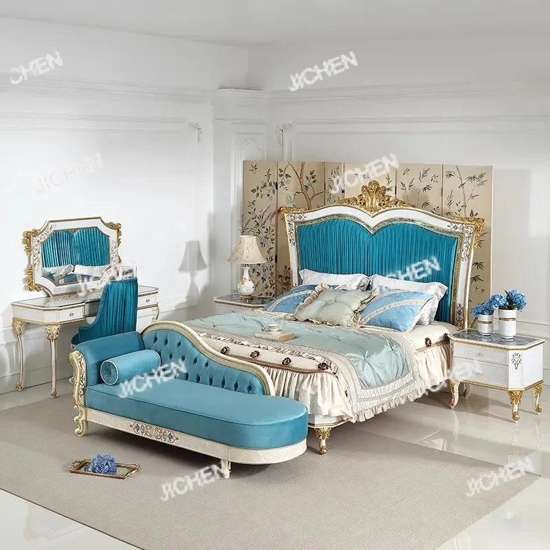 

HS French solid wood carving flower double European court luxury villa bedroom 1.8 meters wedding bed princess bed shell bed