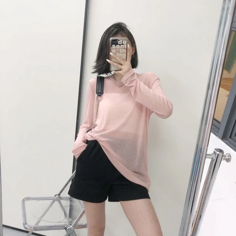 Zik Hekiy Women Long-Sleeved T-Shirt Summer New Sunscreen Clothing Candy-Colored Mesh Bottoming Shirt Thin Layered Inner Top