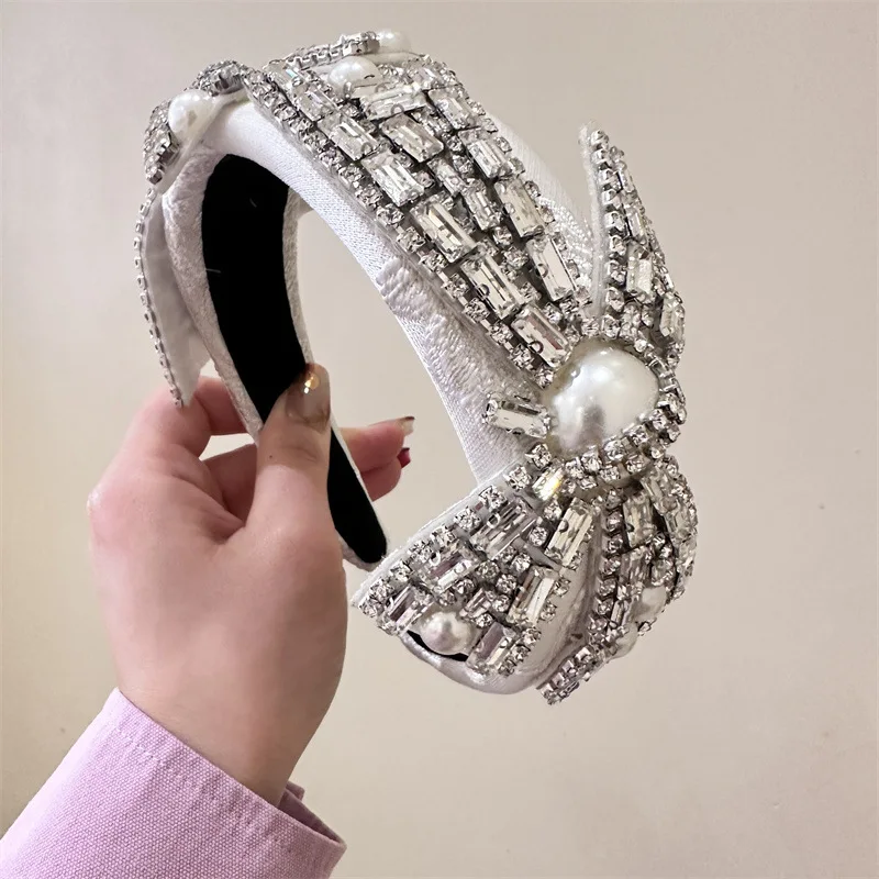 Crystal Bow Headband White Black Wedding Bows Hair Band Women Bowknot Headpiece Rhinestone Hair Hoop Jewelry for Party Festival