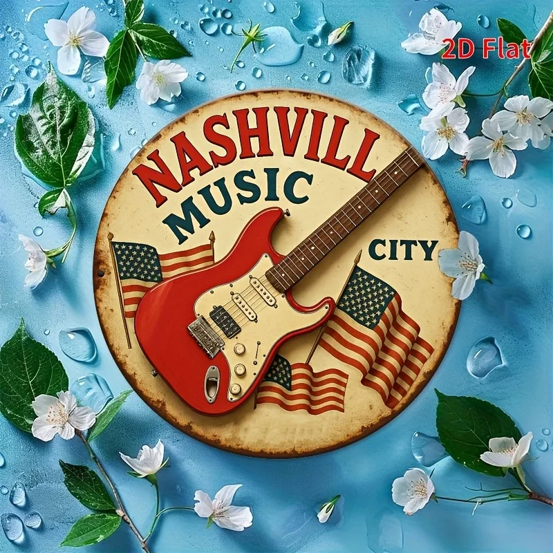 2D Flat - Nashville Music City Round Aluminum Sign - Vintage Guitar And American Flag Artwork, 8X8 Inch (20X20Cm) Country Style