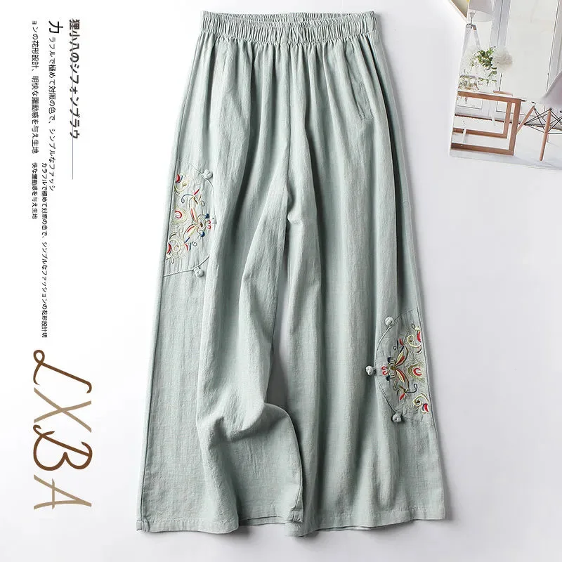 

Thin Literary Chinese Ethnic Style Embroidered Women's Plus Size Cotton Nine-Part Pants Wide-Leg Pants for Spring and Summer