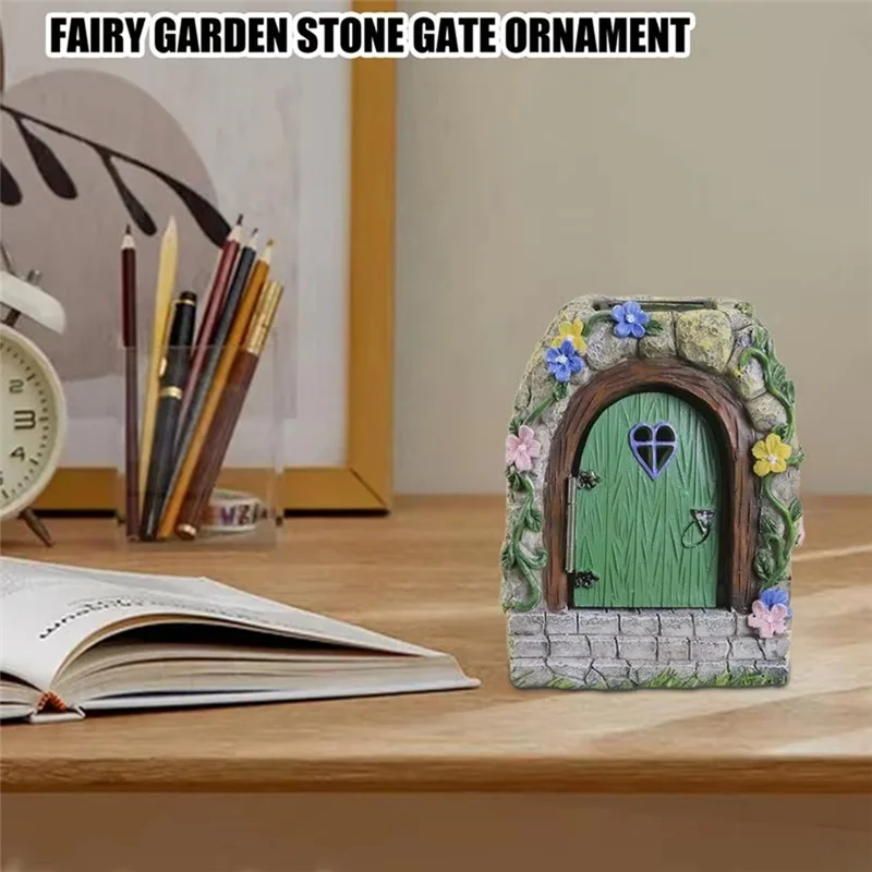 AF90-Porta da giardino fatata Cancello da giardino fatato per esterni Miniature di alberi in resina con gradini e porta aperta Casa illuminata mistica