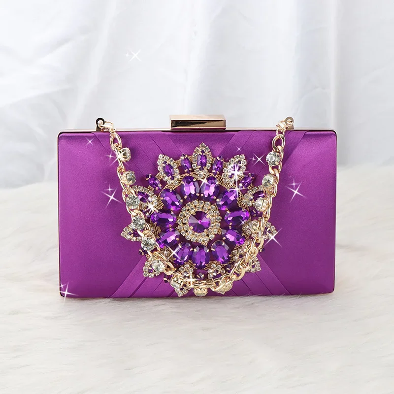 Retro Blue Satin Evening Bags For Women Classic Fashion Crystal Diamond Flower Clutches Square Handbags Prom Party Purses Clutch