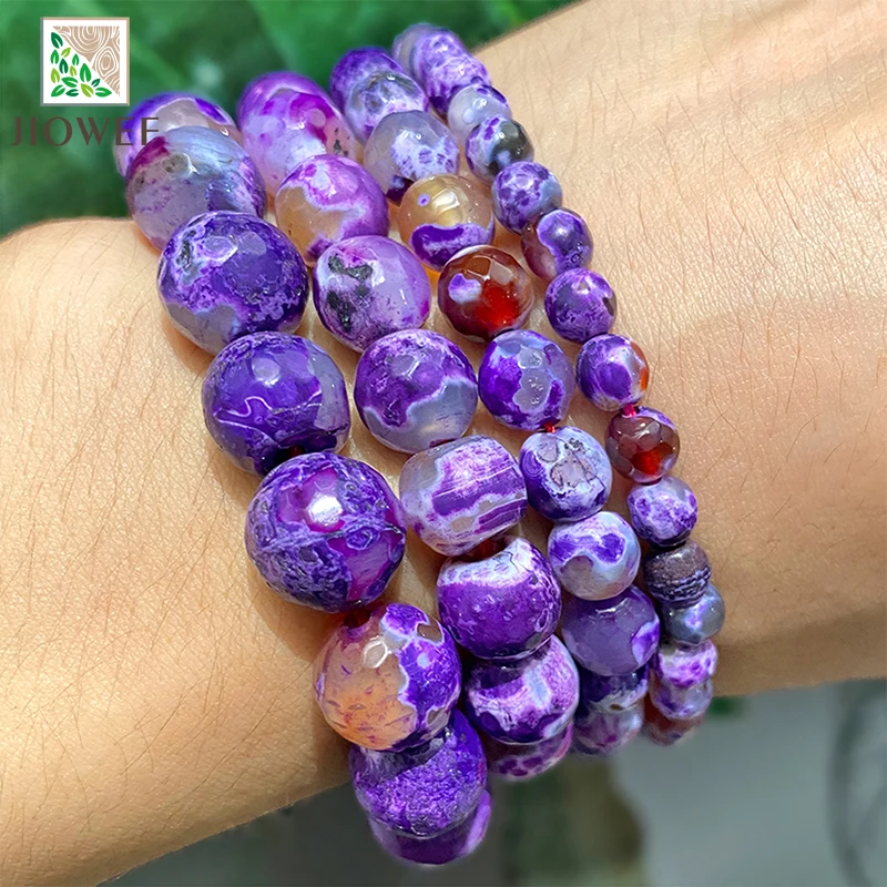 Natural Stone Purple Frost  Cracked Fire Agates Loose Beads 6/8/1012mm For Jewelry Making DIY Bracelet Necklace 15\'\' Inch