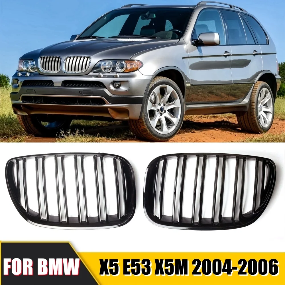 

1 Pair Black Gloss Car Grilles Double Line Anti-scratch ABS Car Front Hood Grill 51137113733 51137113734 for BMW X5 E53 04-06